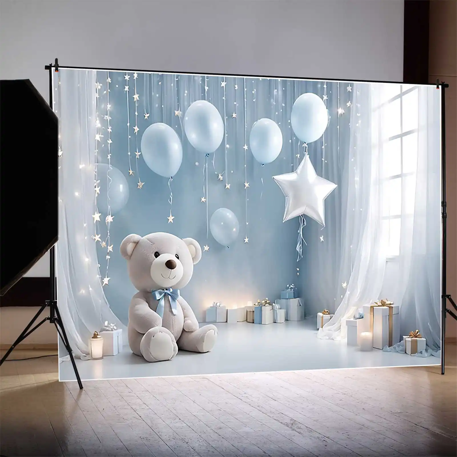 MOON.QG-cortinas de oso de peluche para niños, telón de fondo de un cumpleaños, globo azul, fondos blancos, decoración de fiesta personalizada, accesorios de Photozone
