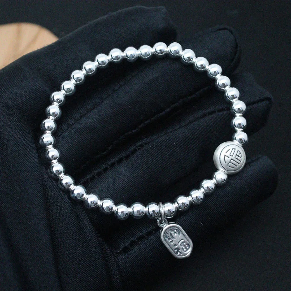 Real 999 Fine Silver 5mm Bead Bracelet Fit Wrist 6.3