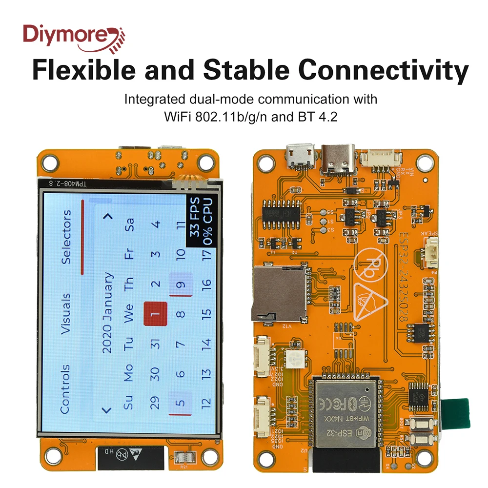 ESP32 WiFi BT Development Board 2.8 Inch ESP32 Module Type C+Micro USB Dual Interface ST7789 Driver Onboard 2412~2484MHz