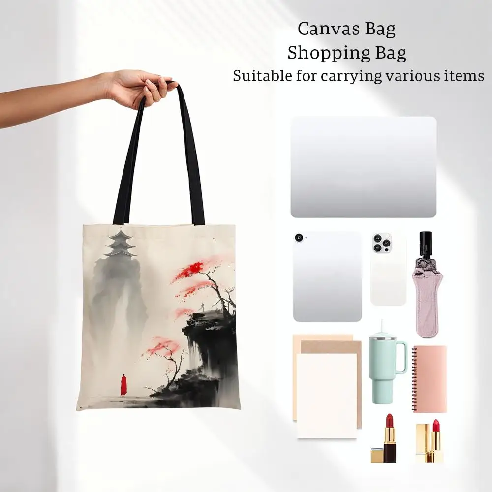 ink art drawing Chinese Ink Painting Storage Bags Lightweight Printed Canvas Bag Portable Daily Shopping Shoulder Bag