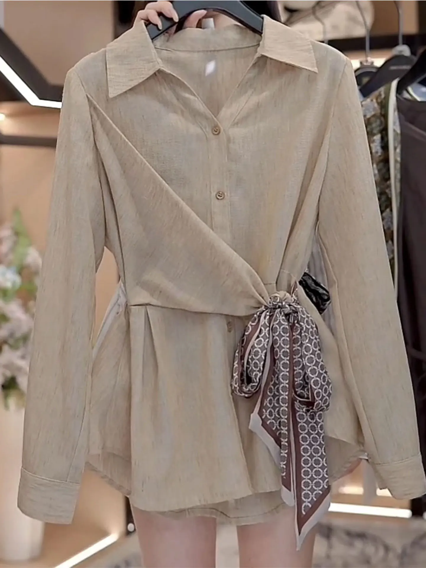 

Unique Beautiful Belted Long Sve irt Spring 2026 Casual Sle plus Size Women's Thin Trendy Top Waist Cinching Tie