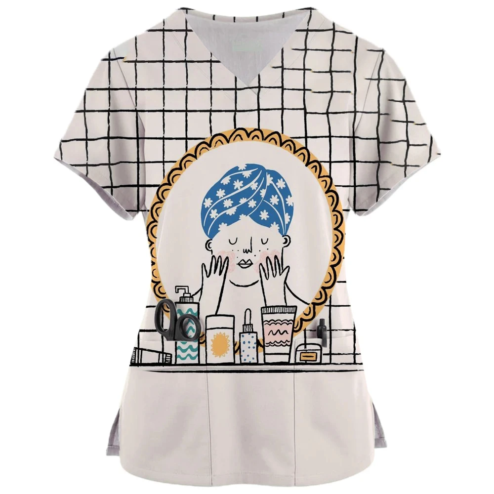 Clinical Uniform Woman Fashion Cartoon Pattern Print Mc Spa Nurse Tops Casual V-Neck Short Sleeve Vet Nursing Uniform for Women