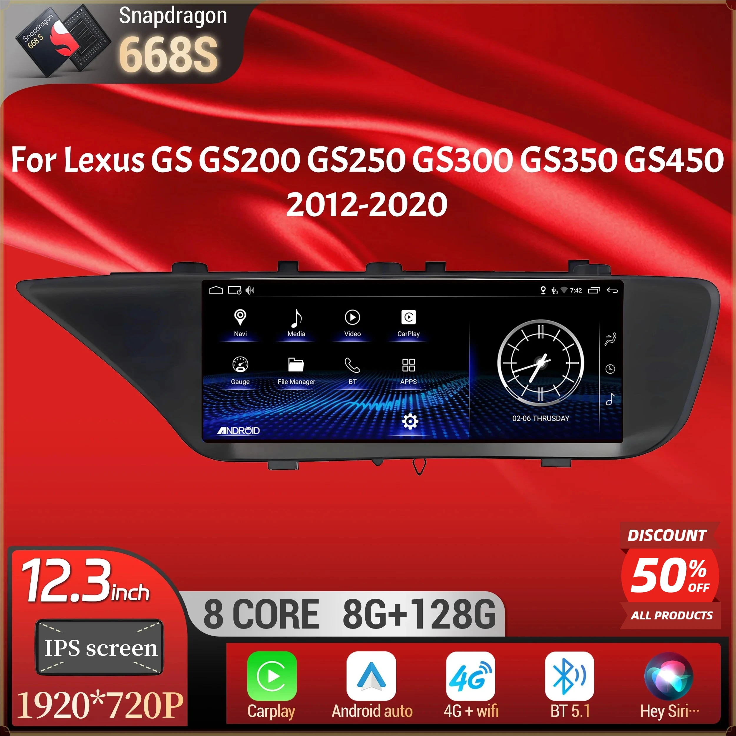 12.3inch Android 14 Car Radio Multimedia BT Carplay Snapdragon 668S Screen For Lexus GS GS200 GS250 GS300 GS350 GS450 2012-2020