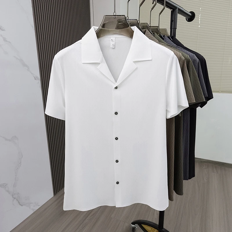 

Personality wave print short sleeve shirt high-end ice silk breathable summer new luxury comfort men's fashion casual lapel top