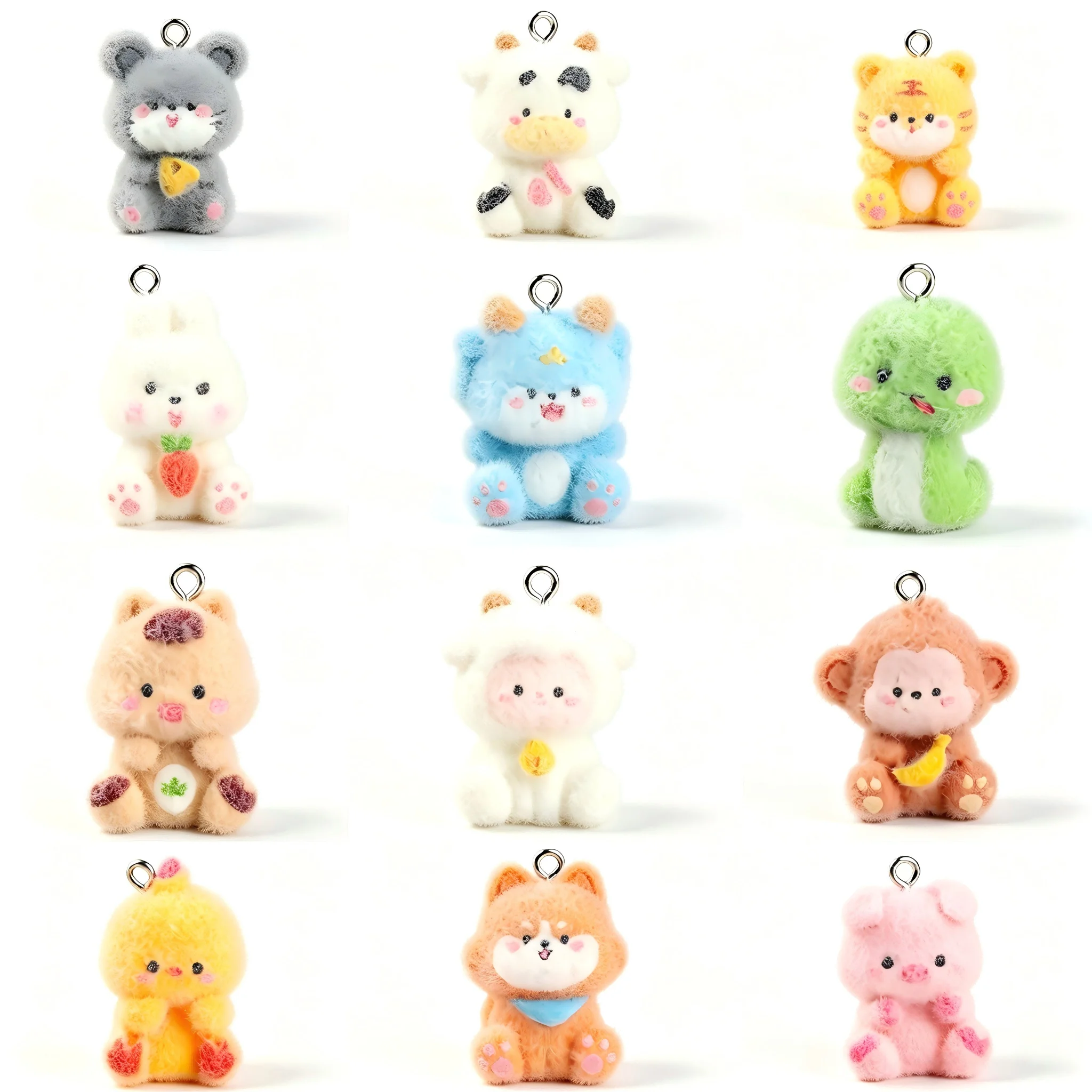 5Pcs Flocked Resin 12 Zodiac Animal Charms, Random Cartoon Fuzzy Mini Zodiac Pendants For Jewelry Making DIY Keychain,Bag Charms