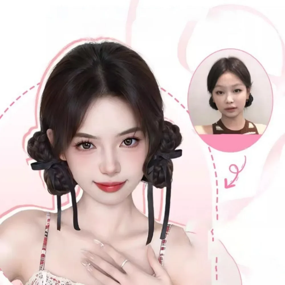 1 Pasang Wig Rambut Sanggul Sayang Pita Sanggul Sintetis Wig Sanggul Rambut Kepang Dasi Anak Perempuan