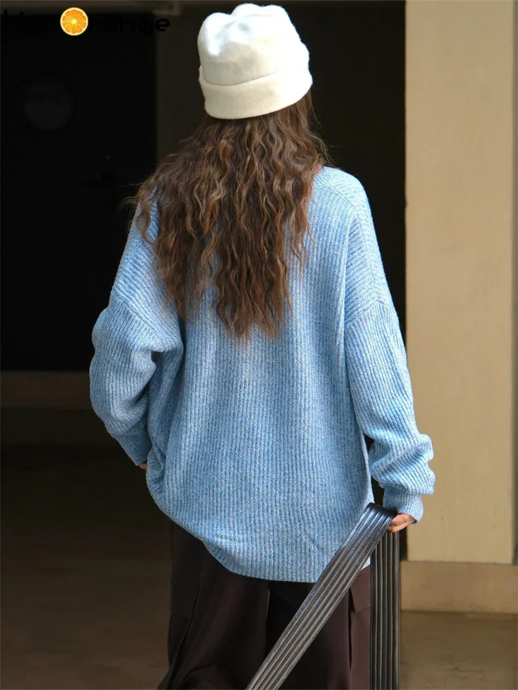 HanOrange 2024 Autumn Winter Lazy Gentle V-neck Wool Sweater Women Soft Fluffy Loose Knitting Pullover Grey/Blue