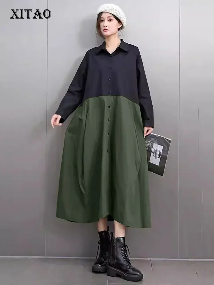 

XITAO Patchwork Contrast Color Turn-down Collar A-line Dress Casual Solid Color Slimming Simplicity Spring Women Dress GMM1127