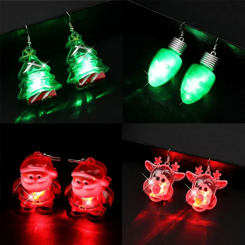 LED Christmas Earrings Glowing Light Up Earrings Santa Reindeer Snowman Christmas Tree Dangle with Lights for Party Women