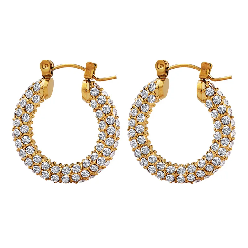 

Style Full Paved Cubic Zirconia Waterproof Hoops Gold Plated Stainless Steel Statement Earrings For Women Jewelry Gift