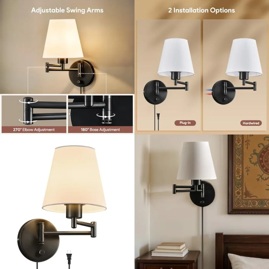 

Modern Swing Arm Wall Mount Light Plug in, Corded Wall Lamps with White Fabric Shade, Metal Adjustable Wall Sconce, Wall Mount