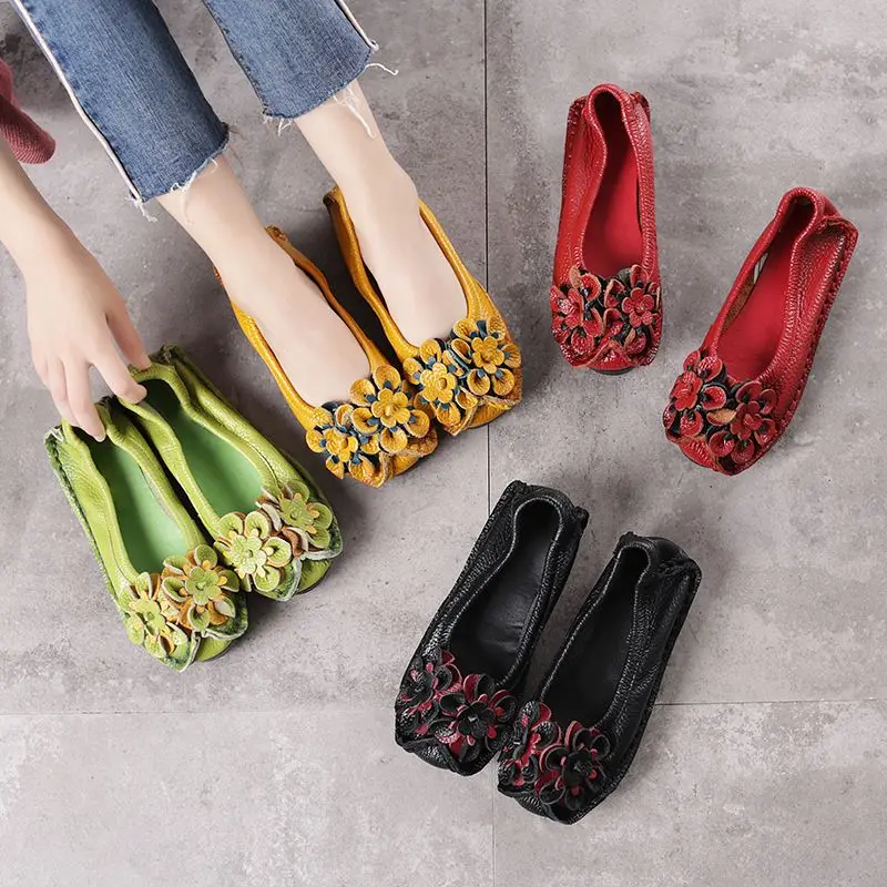 High Quality Retro Floral Ballet Flats Women\'s Shoes New Trend Loafers Ladies Genuine Leather Shoes Woman Sliders Soft Moccasin