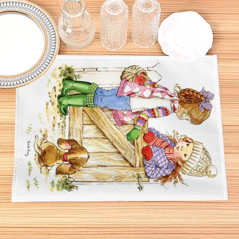 Sarah Kay Print Linen Dining Table Mats Kitchen Placemat 30X40cm Coasters Pads Bowl Cup Mat