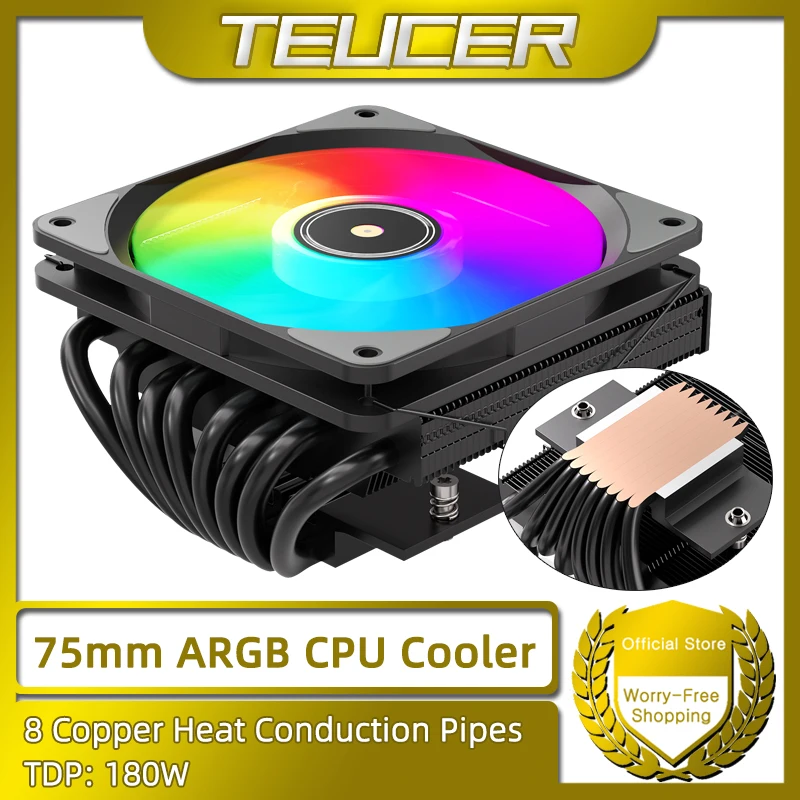 

Кулер процессора TEUCER TE-75 RGB, низкопрофильный радиатор воздушного охлаждения ARGB 75 мм, 5 В, 3 контакта, для AM5 AM4 LGA1700 1200 2011 для X99