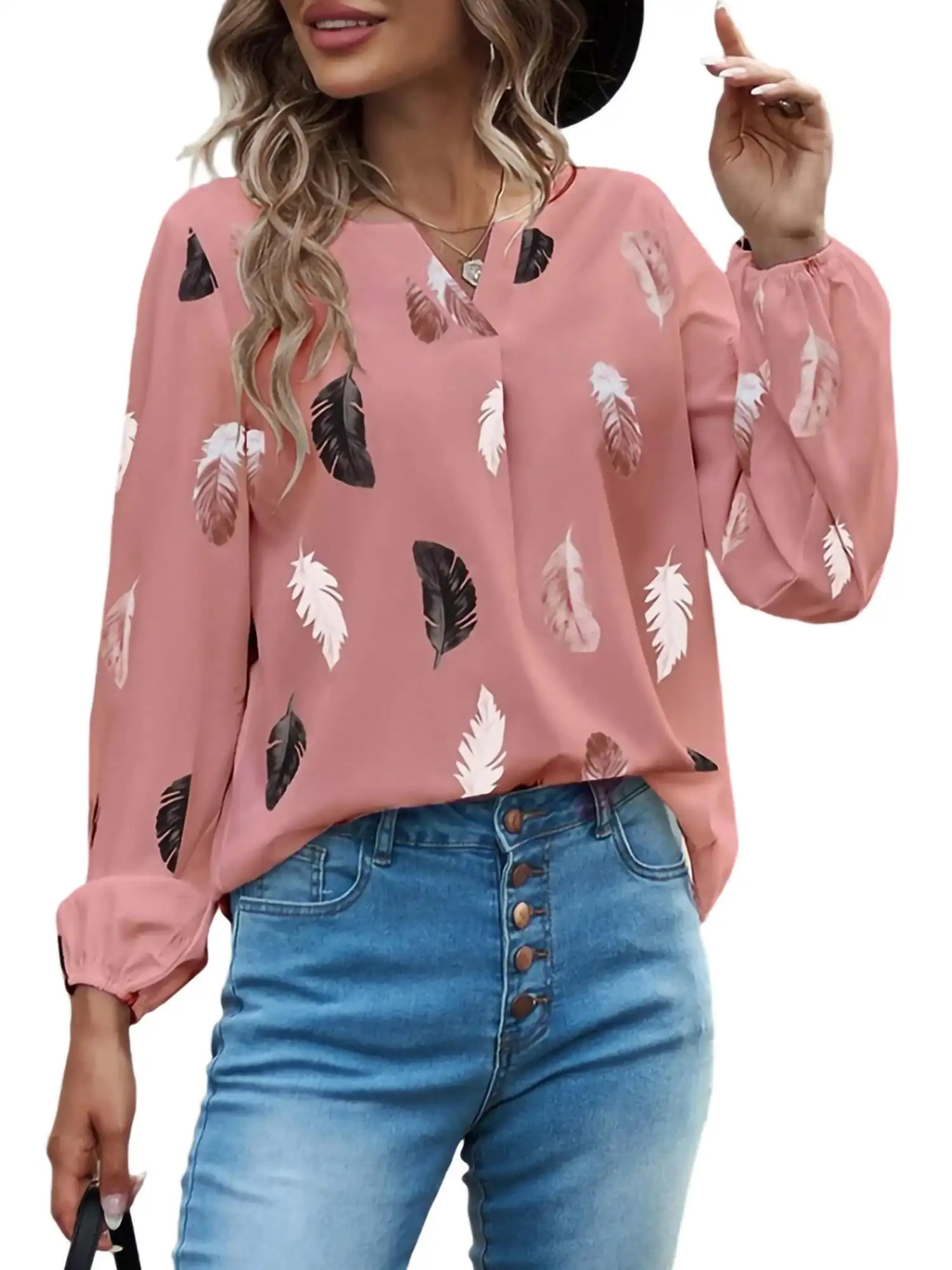 Blusa de manga larga con cuello en V para mujer, camisa informal de gasa, Tops de moda, corte Suelto