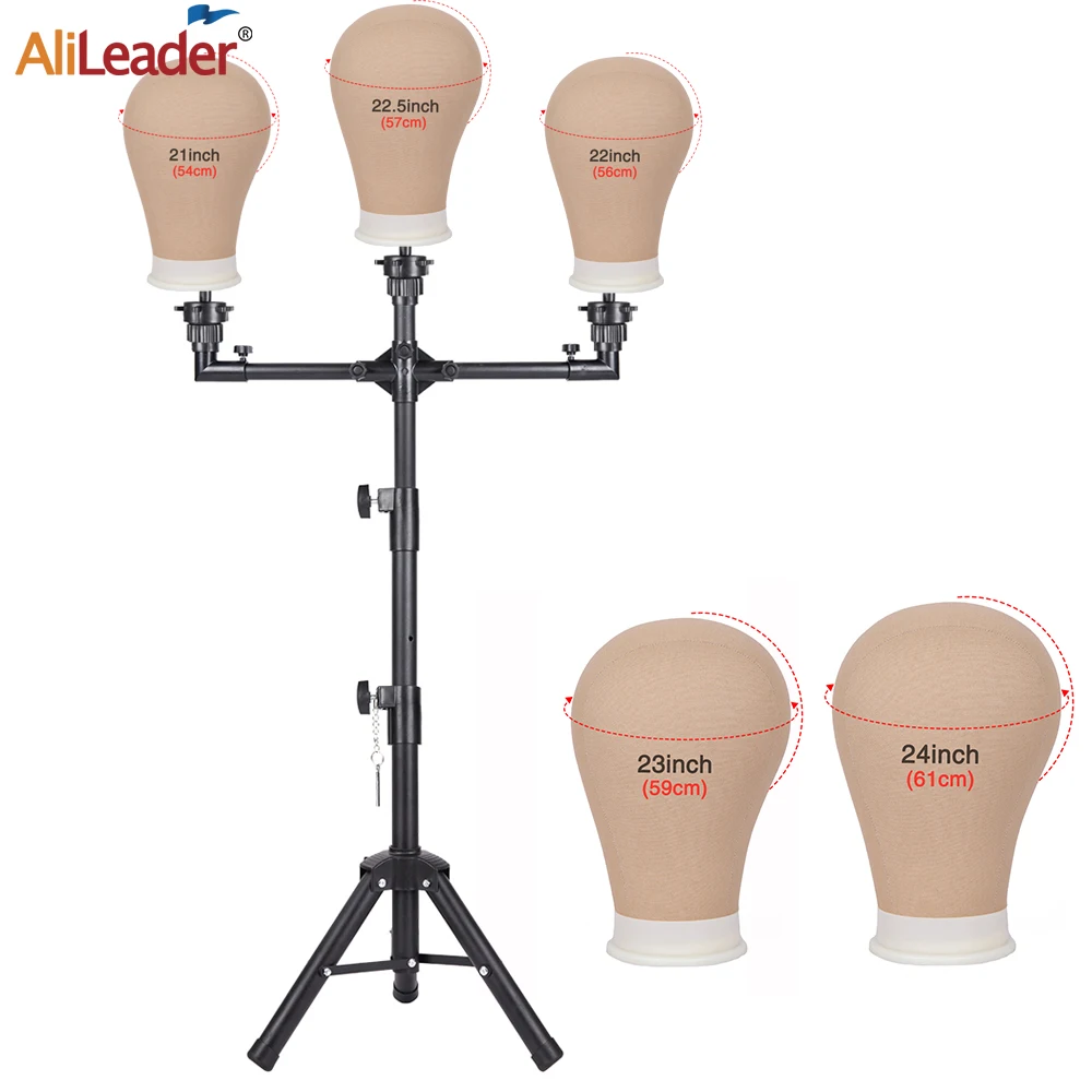 Adjustable Wig Stand 50Inch 3-Holders Tripod Wig Stand Holder Black Mannequin Head Stand Holder For Hairdressing Training Head