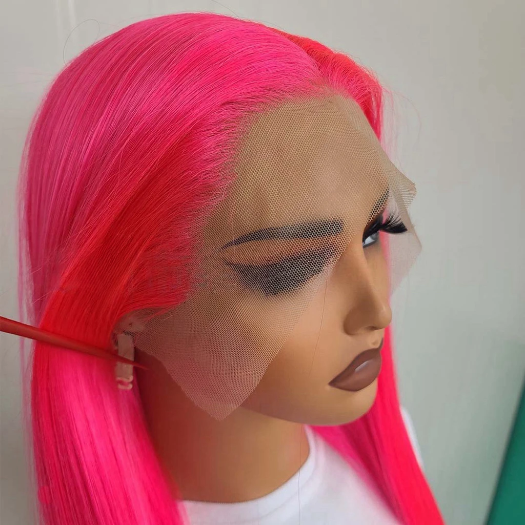 Hot Pink Wig Long Straight Synthetic Lace Front Wig Glueless Frontal Colored Rose Red Hair Lace Wigs for Women Party Cosplay