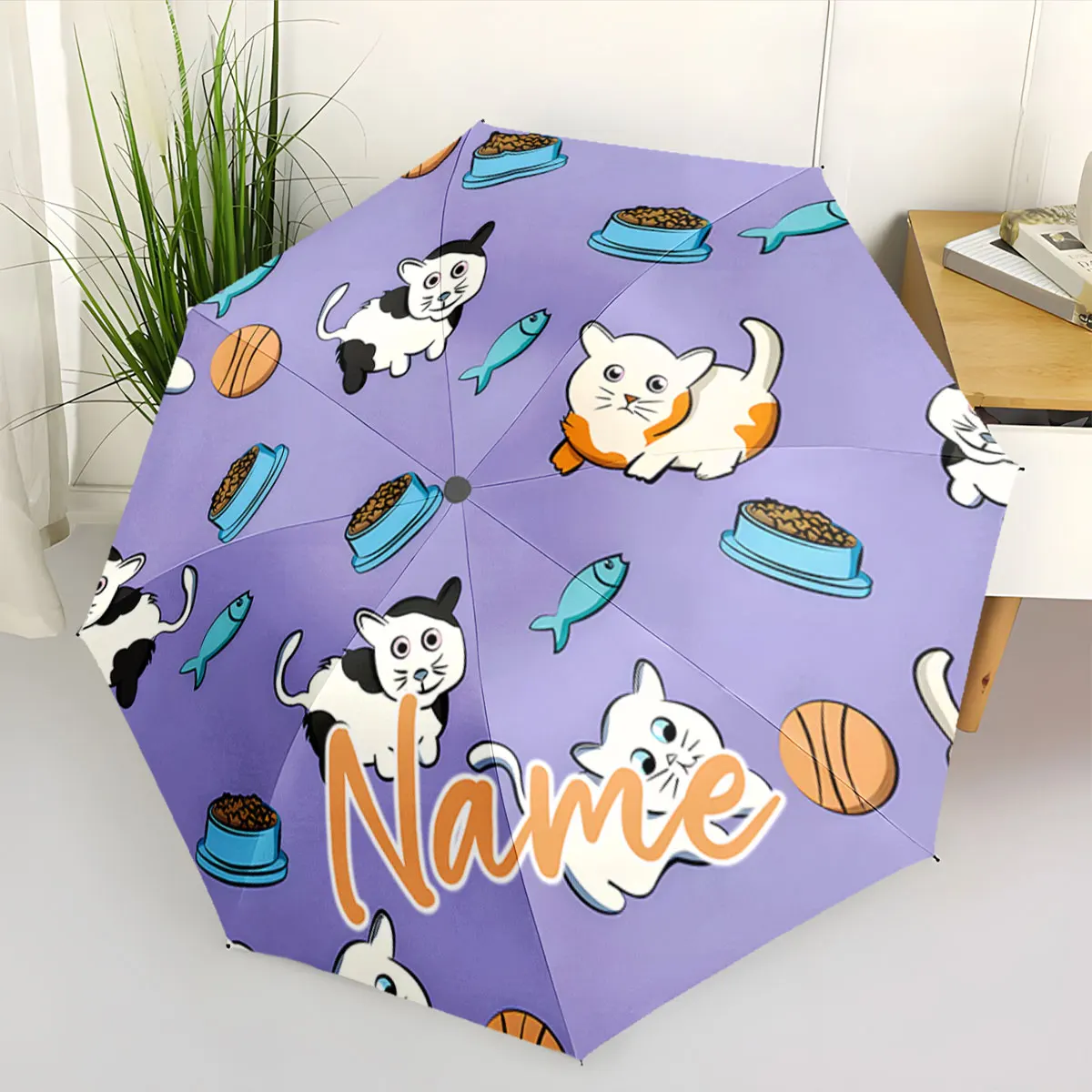 Custom Name Umbrella Cats and Fish Playful Umbrella Design Print 8 Iron Ribs Folding Umbrella Auto-Open Fashion Sunshade