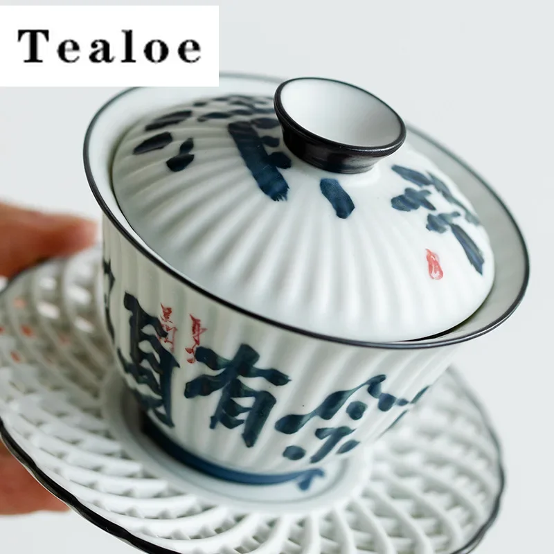 120ml Pure Handwritten Prose Ceramic Cover Bowl Creative Striped Not Hot Tea Bowl with Lid Chinese Tea Maker Gaiwan Tea Ceremony