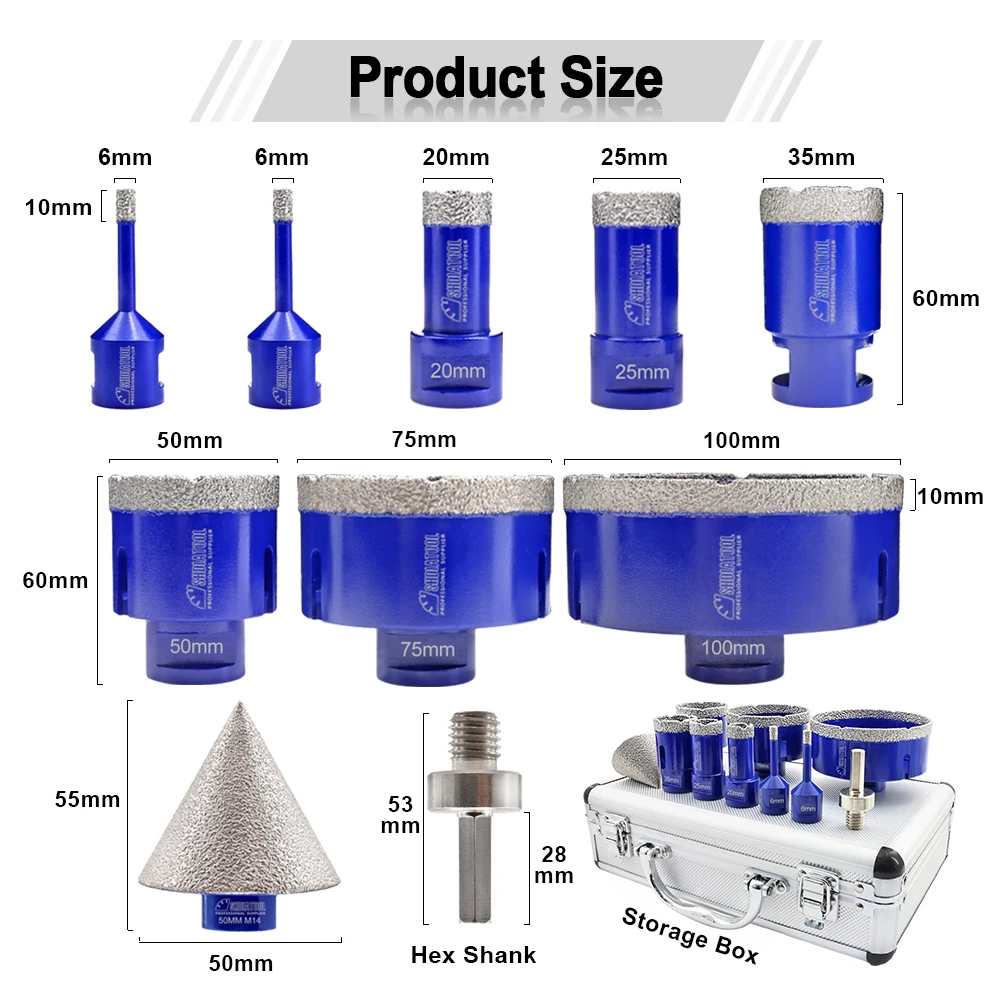 Imagem -05 - Shdiatool 10 Unidades Caixa 20 25 35 50 75 100 mm M14 Vacuum Soldada Diamante Broca Núcleo Bits Mais 50 mm Diamante Chanfro Bit Hex Adaptador