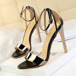 Summer Women Fashion Thin High Heels Open Toe Sandals Wedding Hollow Color Matching One-word Belt Bridal Champagne Gold Shoes