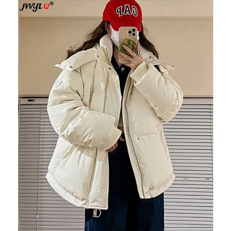 

Куртка-пуховик женская с капюшоном, утепленный хлопковый пуховик оверсайз свободного покроя, Повседневная Уличная одежда в Корейском стиле, пушистая одежда