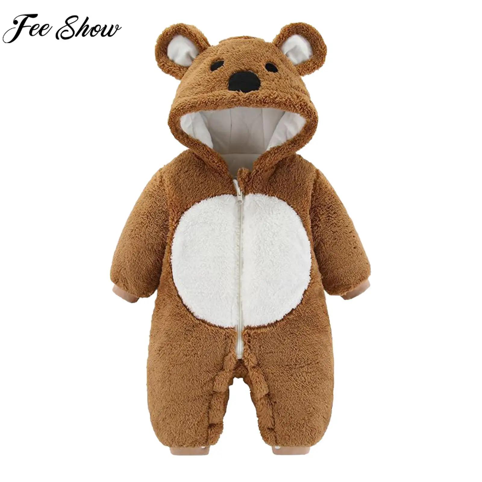 Newborn Baby Cute Bear Hooded Romper Long Sleeve Zipper Plush Winter Warmer Bodysuit Loungewear Outdoor Wear Photography Costume