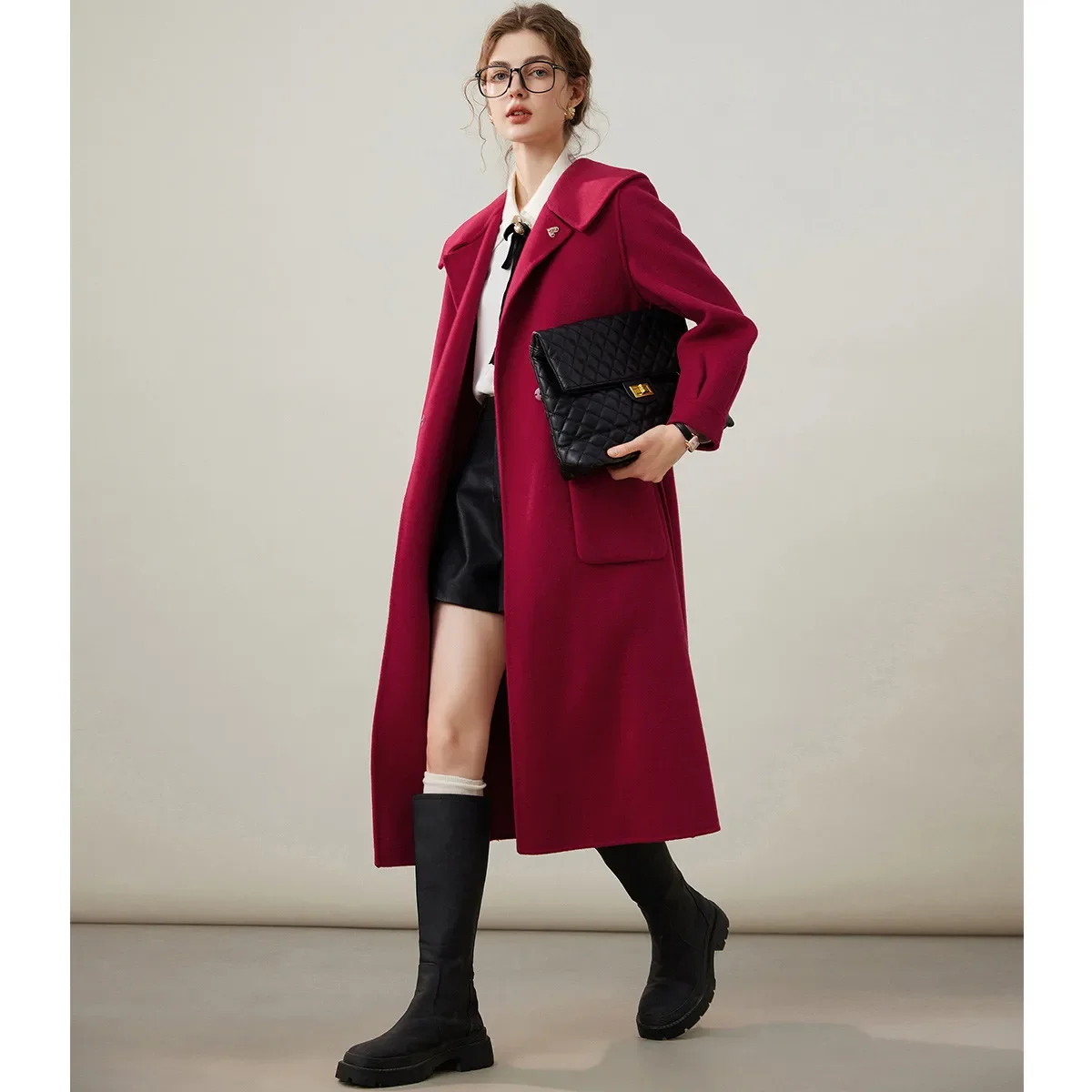 LOUIS YAO 2024 Winter 100% Sheep Wool Coat Outerwear Fashion Lapel Long Belt Full Wool Double-sided Coat for Women