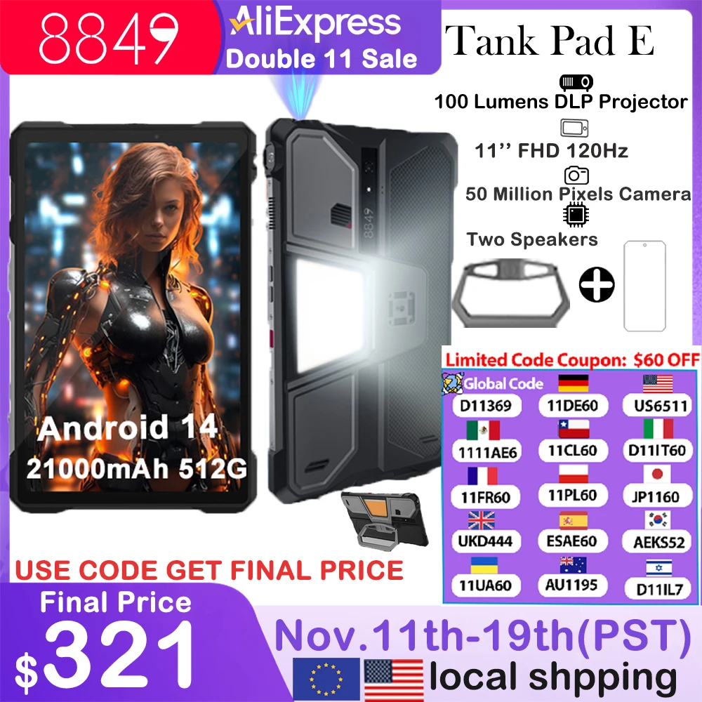 8849 TANK PAD E Unihertz Rugged Projector Tablet Android 14 Smartphone 10.95 inch 120Hz 24GB 512G 21000mAh 50MP 66W Phone Tablet