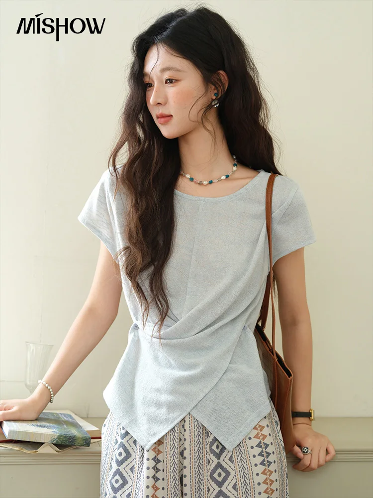 

MISHOW Female Round Neck Knitted Short Sleeve T-shirt 2025 Summer New Retro Fashion Irregular Design Top for Women MXE39T0709