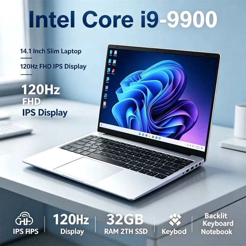 14.1 Inch Laptop 120Hz FHD IPS Display Windows 11 Intel I9-9900 32GB RAM 2TB Fast SSD Backlit Keyboard Long Endurance Battery