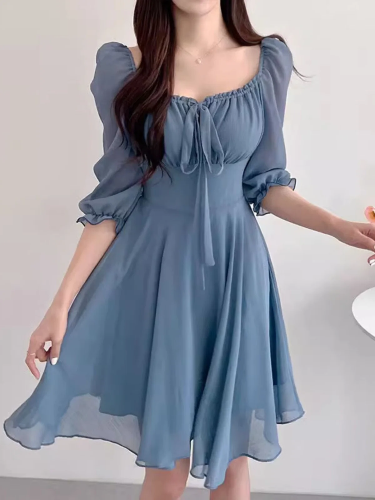 Chic White Summer New Sle Women's Dr Square Collarbone Exposure Bubble Sve Waist Cinching Midi Dr Korean Sle