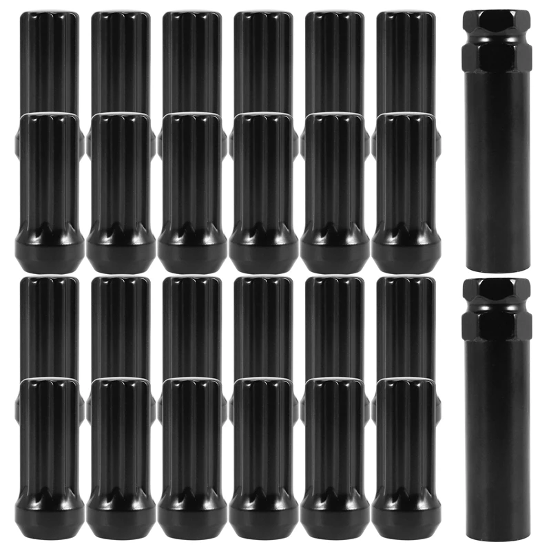 M14X1.5 Wheel Lug Nuts, 24 Pieces 14Mmx1.5 7 Spline Drive Awl Acorn Cone Lug Nuts 2Inch Long Black With 2 Socket Key