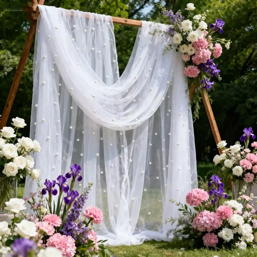 1PC White Pearl Mesh Gauze Curtain with Sheer Tulle Panels & Pearl Beads - Semi-Sheer Window Drapes Suitable DIY Cut-to-Fit