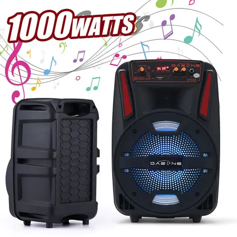 Altavoz Bluetooth portátil de 1000W, Subwoofer de 8 ", sistema de sonido de graves pesados, fiesta con control remoto y micrófono, luz Led, altavoz para karaoke y DJ