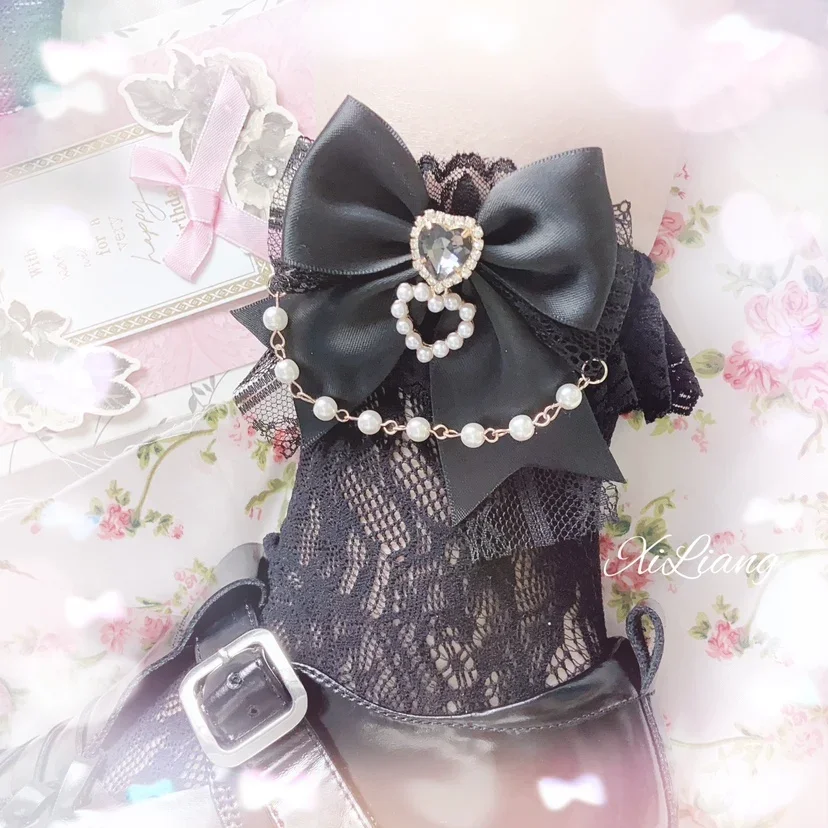 Calzini bianchi Kawaii carini in stile giapponese ragazze dolci Lolita Bow Pearl Heart calzini in pizzo per le donne primavera estate miniera