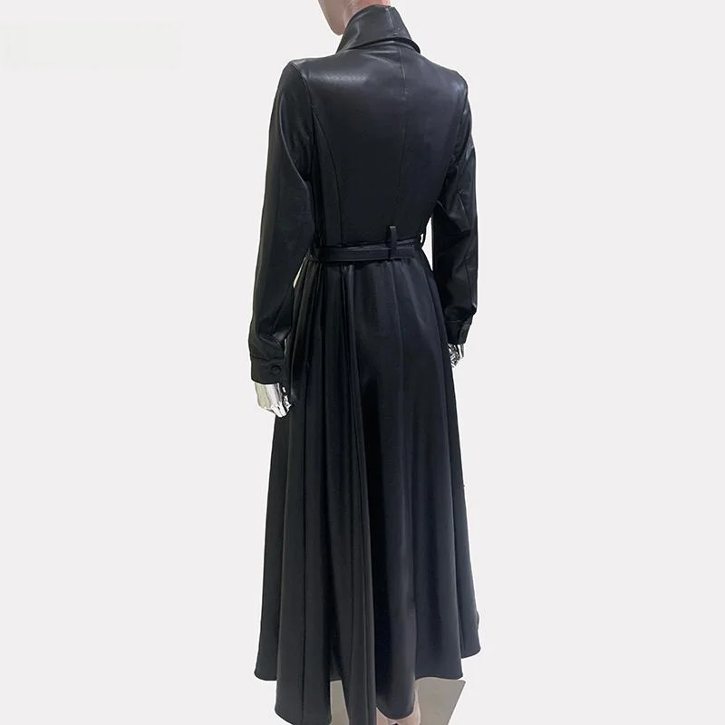 

Nerazzurri Bla PU Leather Jaet Women's Faion Long Skirt Sle Autumn Windbreaker Coat Ele Commute Sle Long Sve