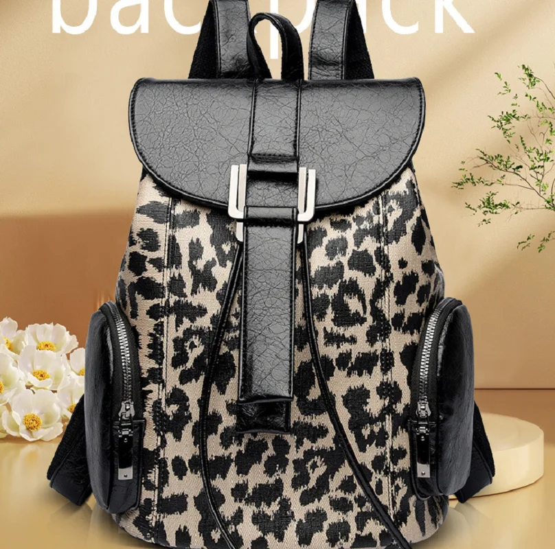 2026 韓国の新ファッションヒョウ高品質レザートラベルバックパック女性の大容量ショルダーバッグラップトップスクールバッグ