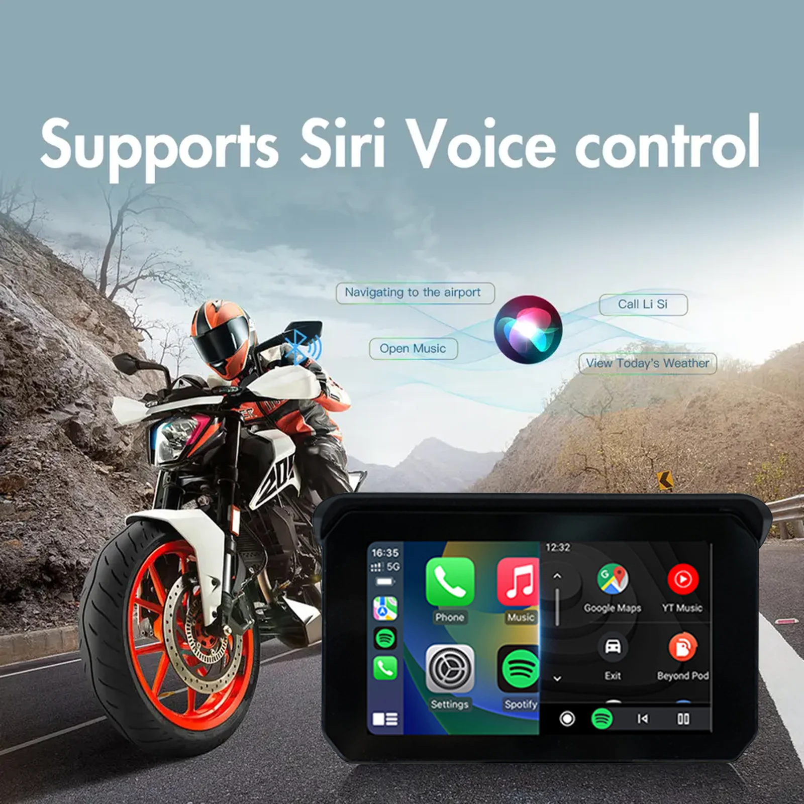 Outdoor Motorcycle Navigator with 5 Inch Touch Screen Ip65 Support Wireless Carplay Android Auto Optional with Dual 1080 Cameras