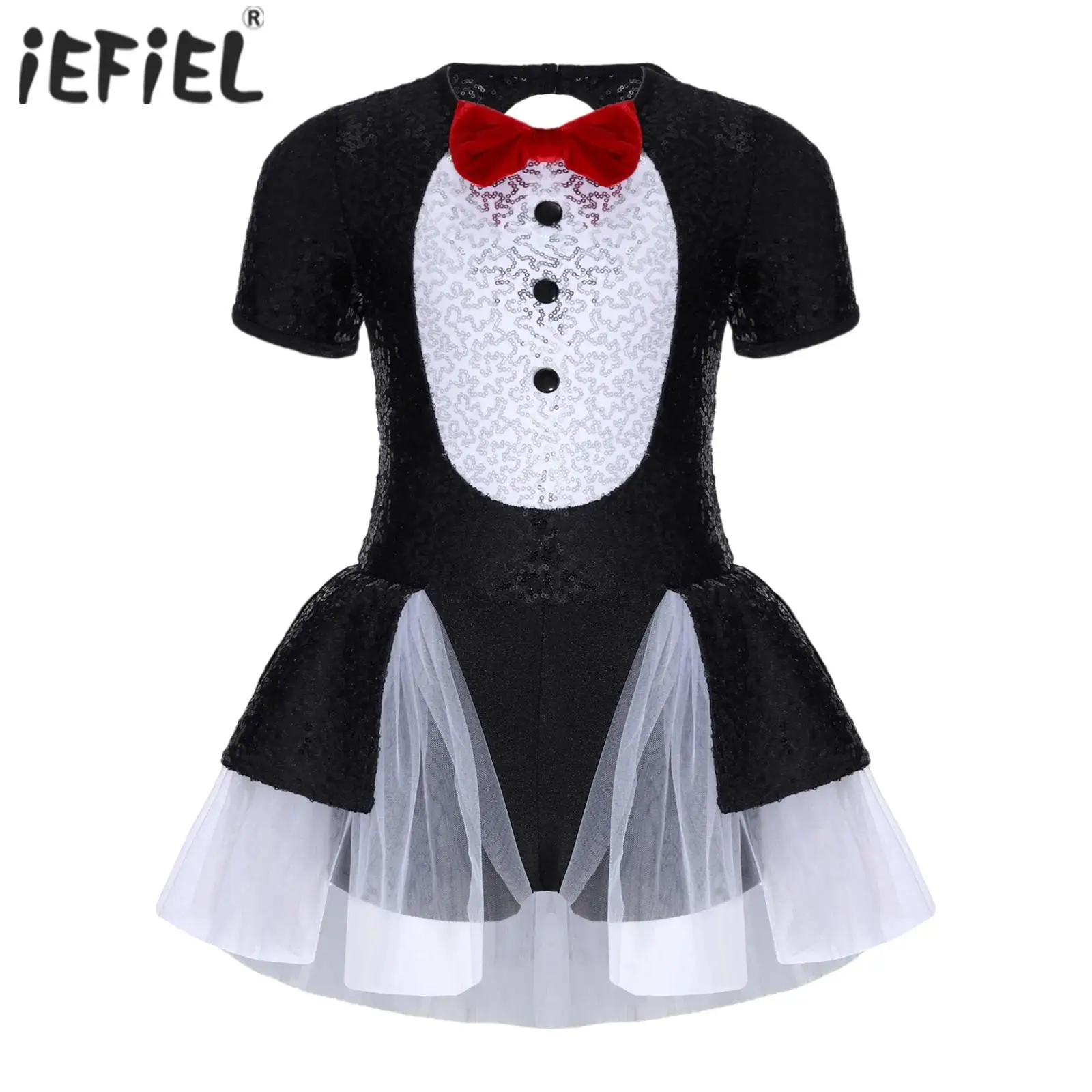 

Kids Girls Magician Performance Costume Roleplay Party Dress Long Sleeve Bow Tie Sequin Leotard Dress Halloween Cosplay Dress Up