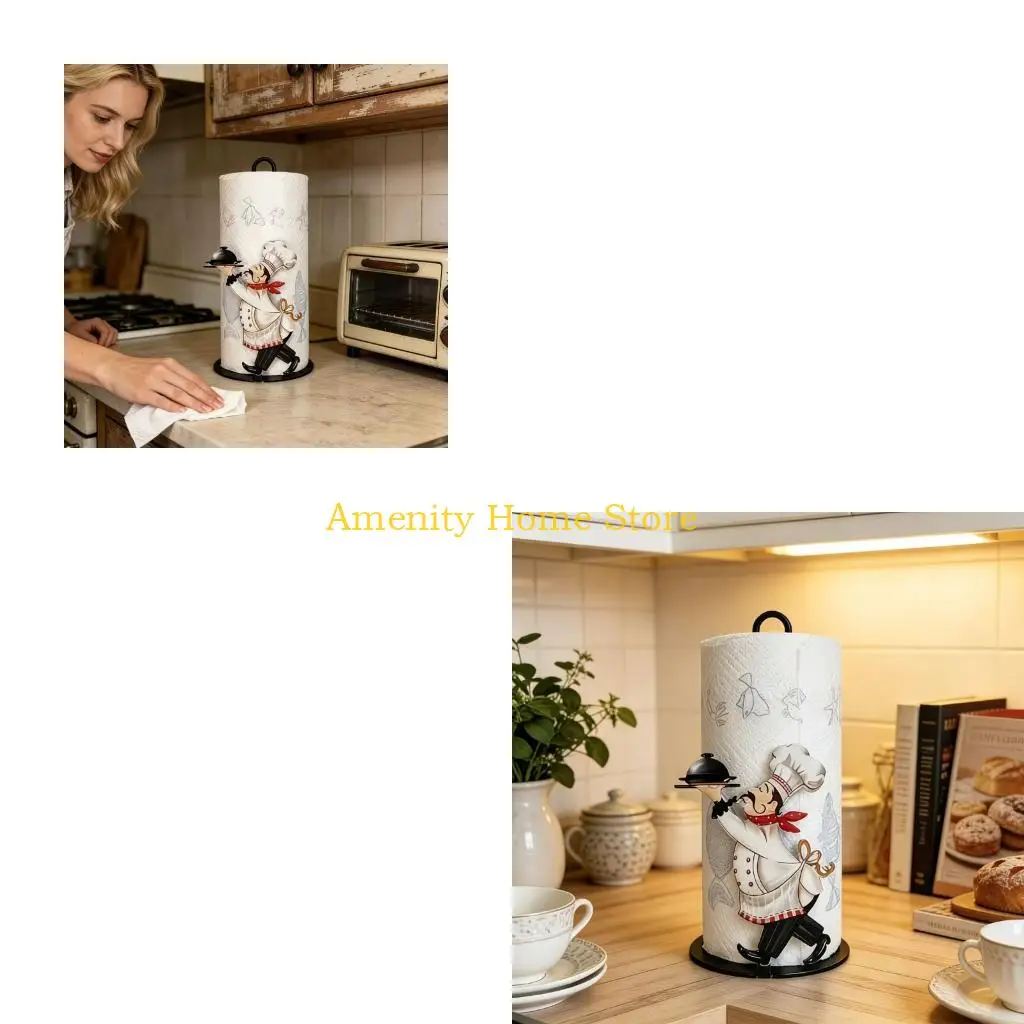 F26C Paper Towel Stand for Kitchen Countertop, Cook Character Tissue Roll Holder with Vertical Frame, Round Base, and
