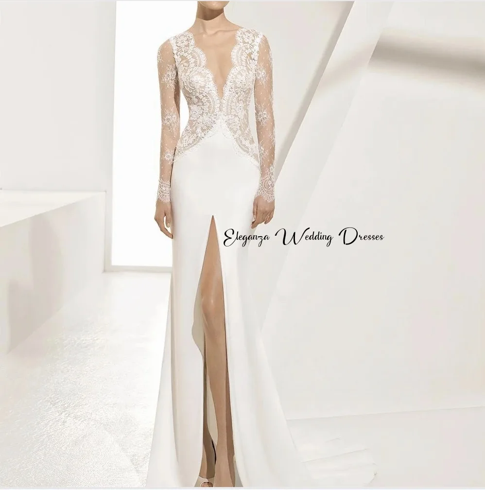 Abito da sposa a sirena con spacco alto sul davanti sexy personalizzato Delicata illusione di pizzo maniche lunghe Abiti da sposa 2025
