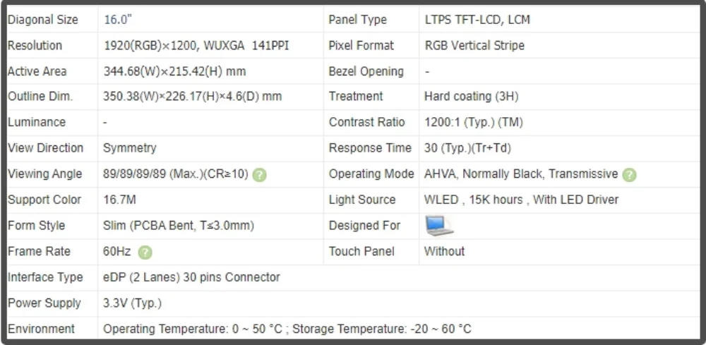 B160UAN01.L 16 inch LCD Screen Laptop Display IPS Panel FHD 1920x1200 Non-touch