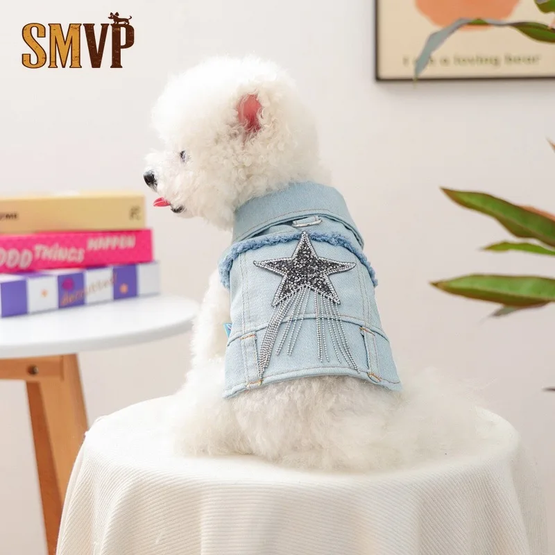 Pet Denim Vest with Sparkly Star Rhinestone and Tassel Harness-Compatible Jacket for Small Dogs and Cats Perfect for Daily Walks
