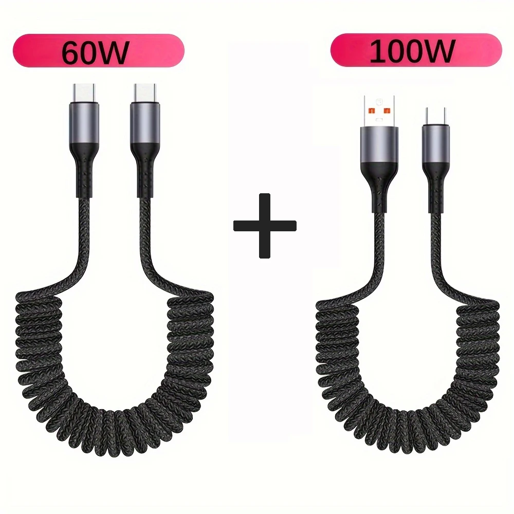 

2pcs 100W and 60W USB Type C Spring Car Fast Charging Cable for iPhone 16 15 Samsung Xiaomi USB C Data Cord TypeC Wire