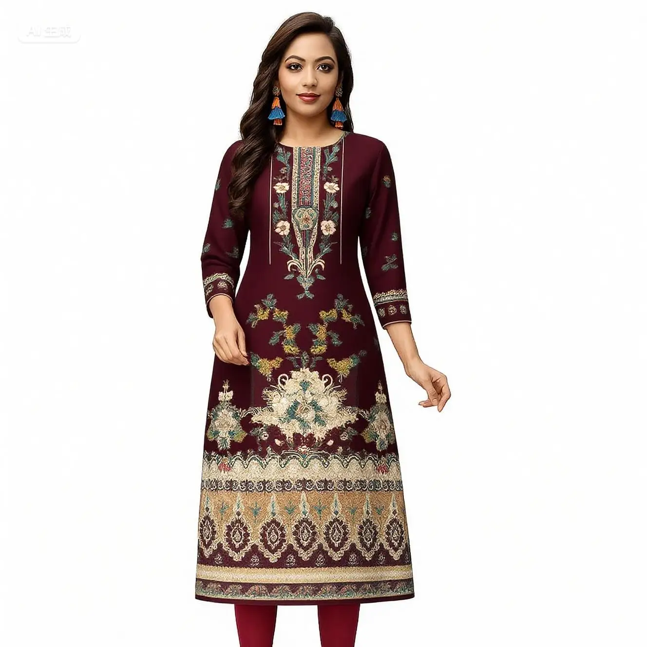 Muslim Kurtta Women Casual Fashion Dress Straight Tube Turkish Abaya Vetement Femme Flowers National style Kaftan Dress Moroccan