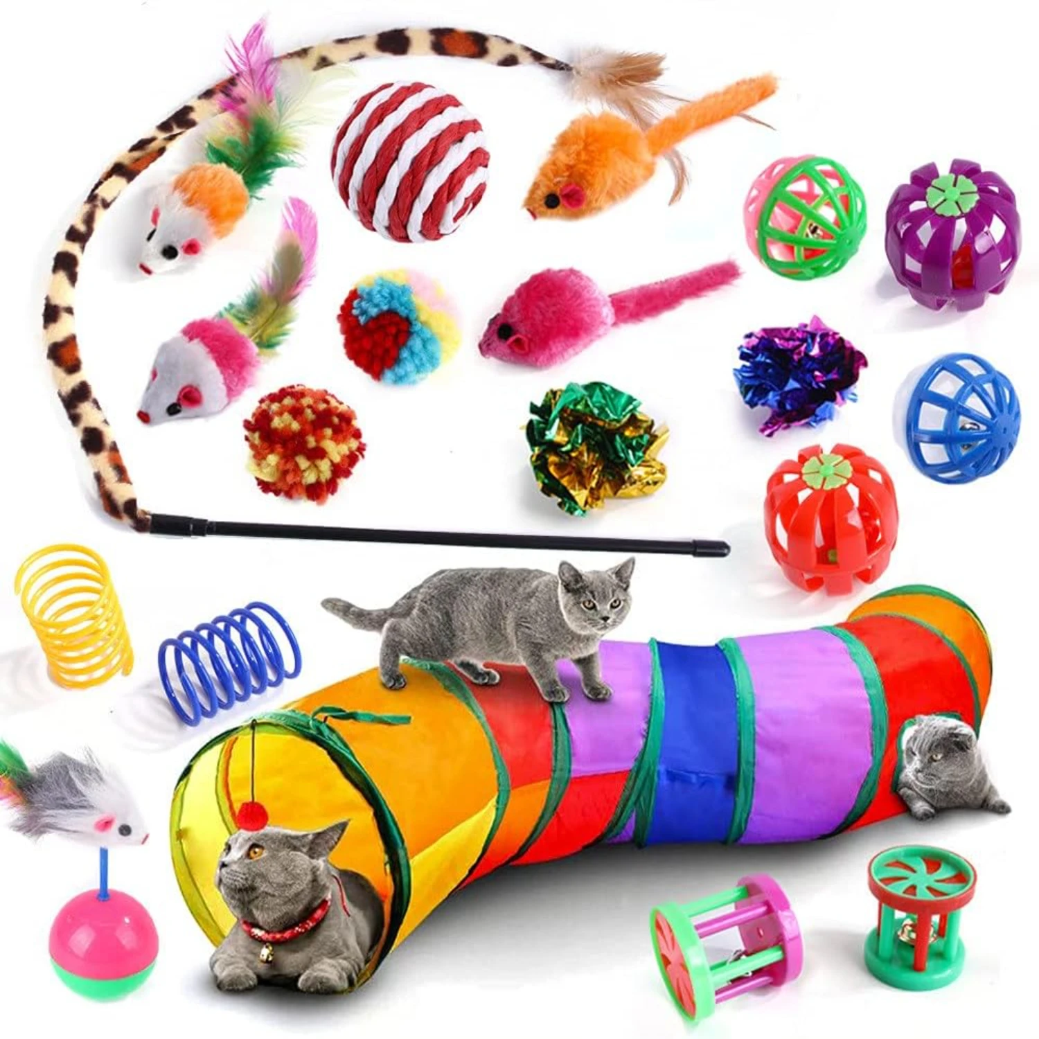 Exciting and Engaging 20-Piece Colorful Kitten Toys Set - Perfect Pet Entertainment with Tube, Feather Teaser Wand, Ball, and Tu