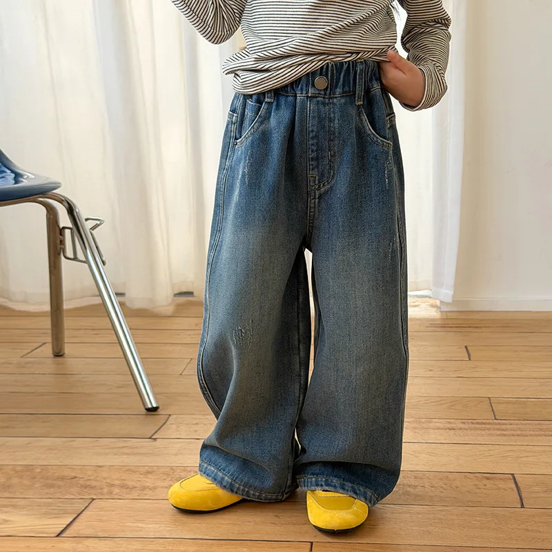 

UNITIM/Детские джинсы для маленьких девочек с эластичной резинкой на талии, однотонные утепленные широкие брюки для маленьких девочек, брюки в стиле ретро для маленьких девочек