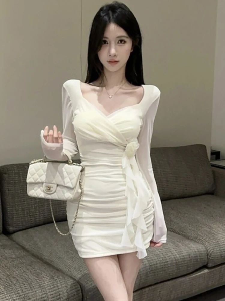 

Autumn White Mesh Long Sleeve Sqaure Collar Mini Dress Women Pleated Bodycon Ruffled Dress 2025 Korean Elegant Birthday Dresses