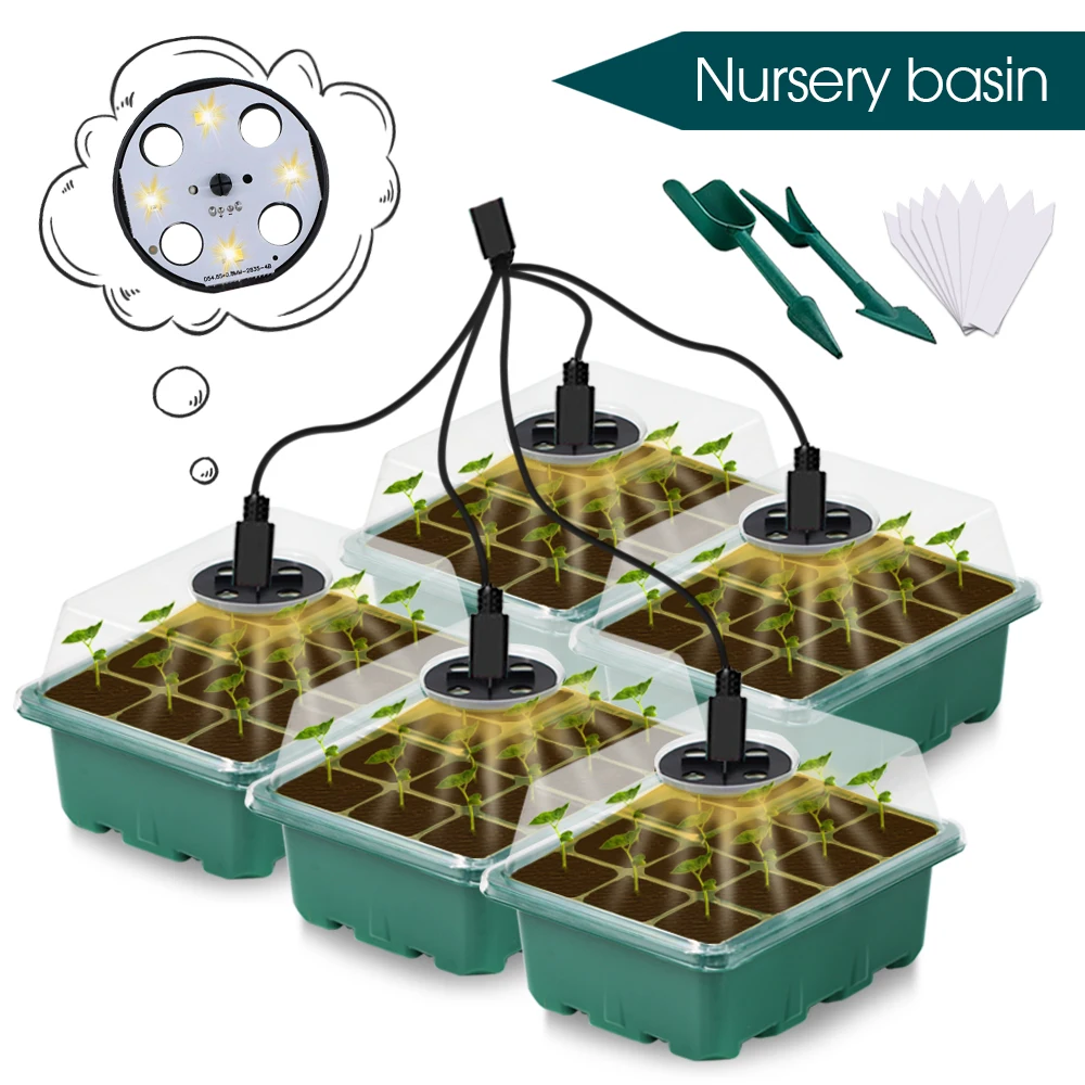 Garden Plant Seeding Starter Trays Kit with Grow Light Greenhouse Growing System Nursery Seed Germinator 12 Cells Planting Box